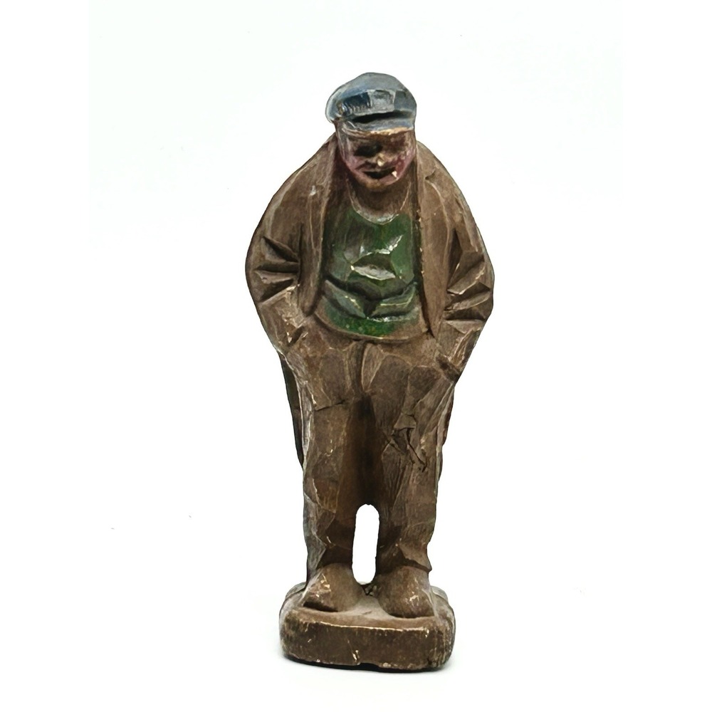 Vintage‎ Carved Wood Old Man Fisherman Figure Statue 4 1/2"